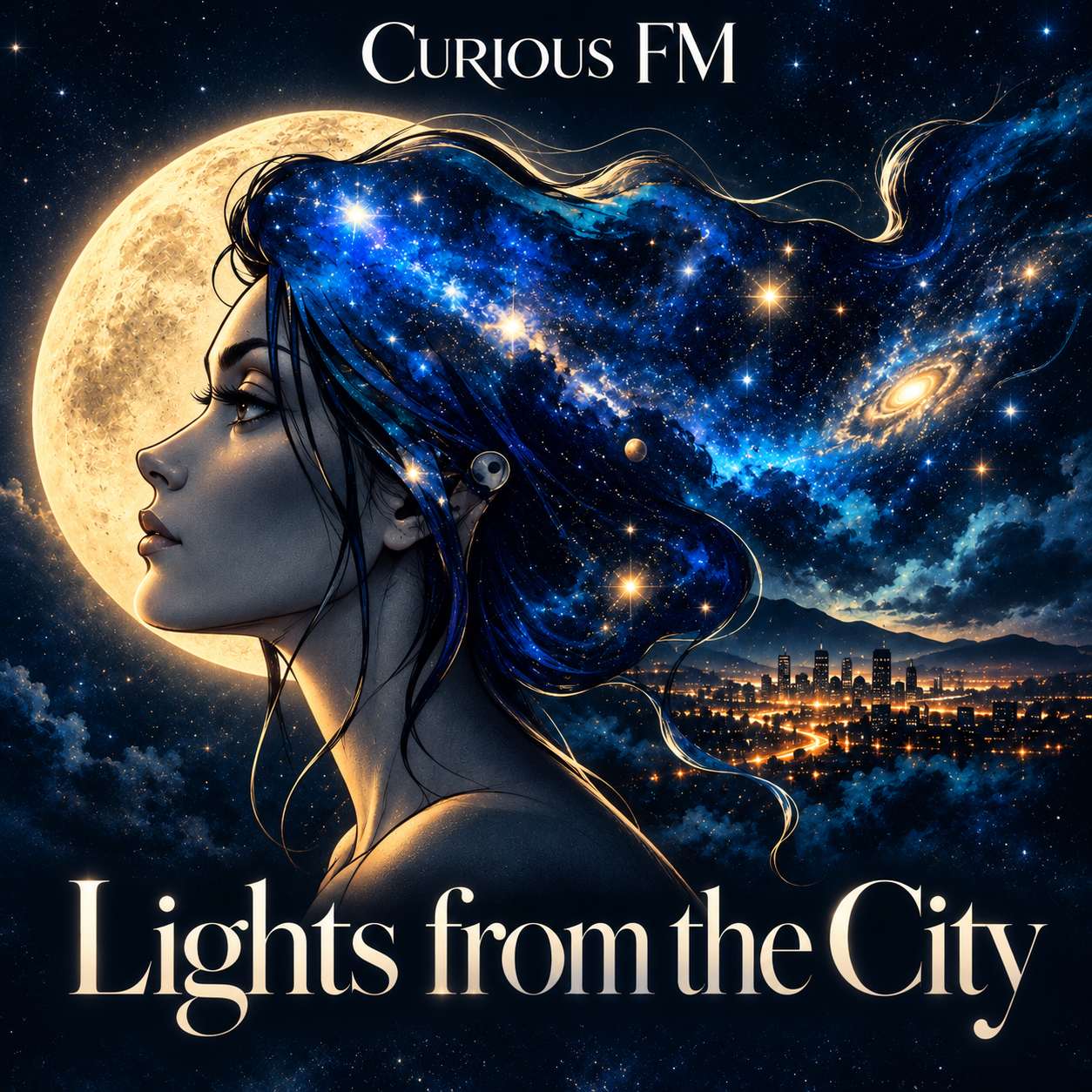 Lights from the City cover: a woman with flowing cosmic hair, a golden moon and distant city lights