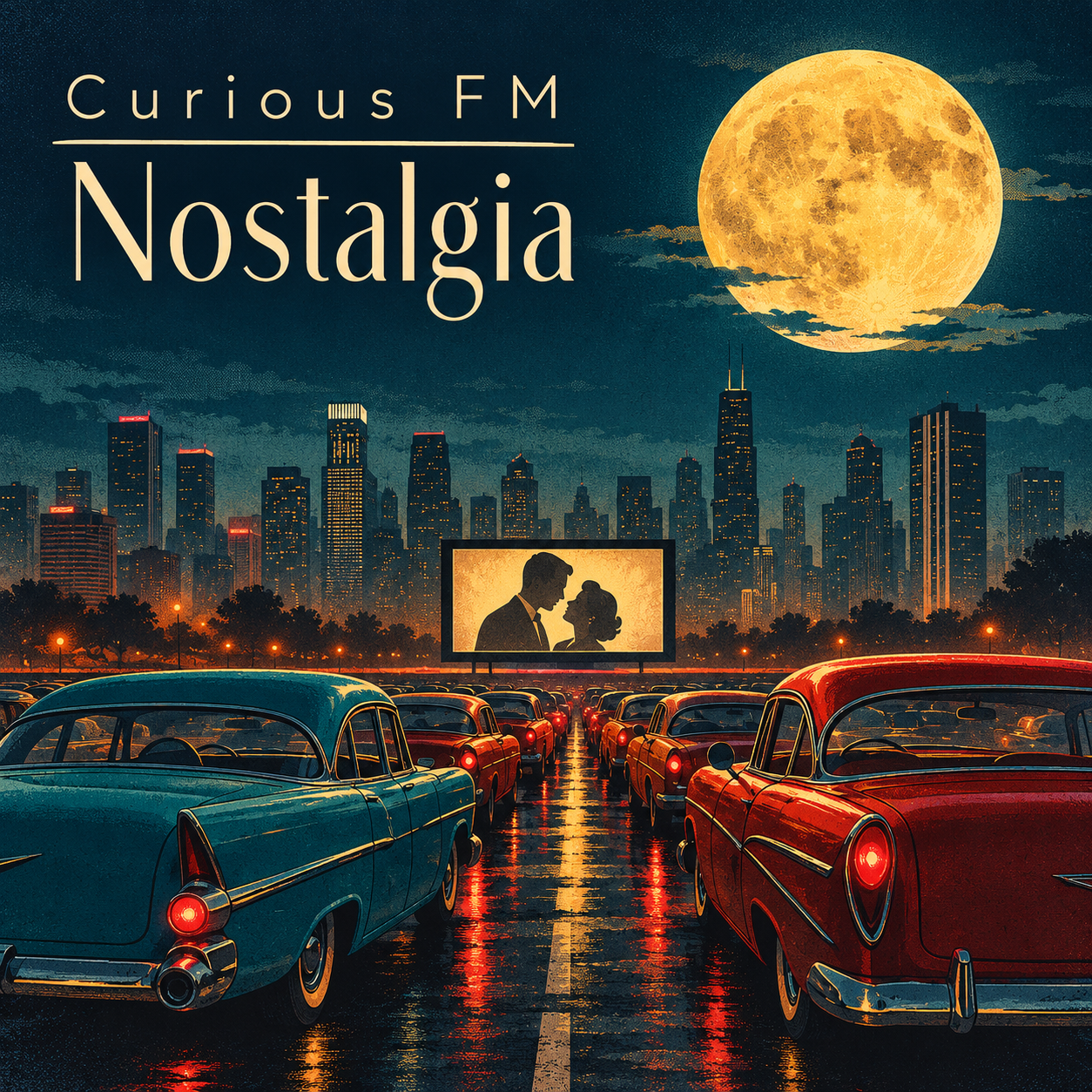 Nostalgia album cover by Curious FM: a moonlit drive-in cinema with vintage cars and a city skyline