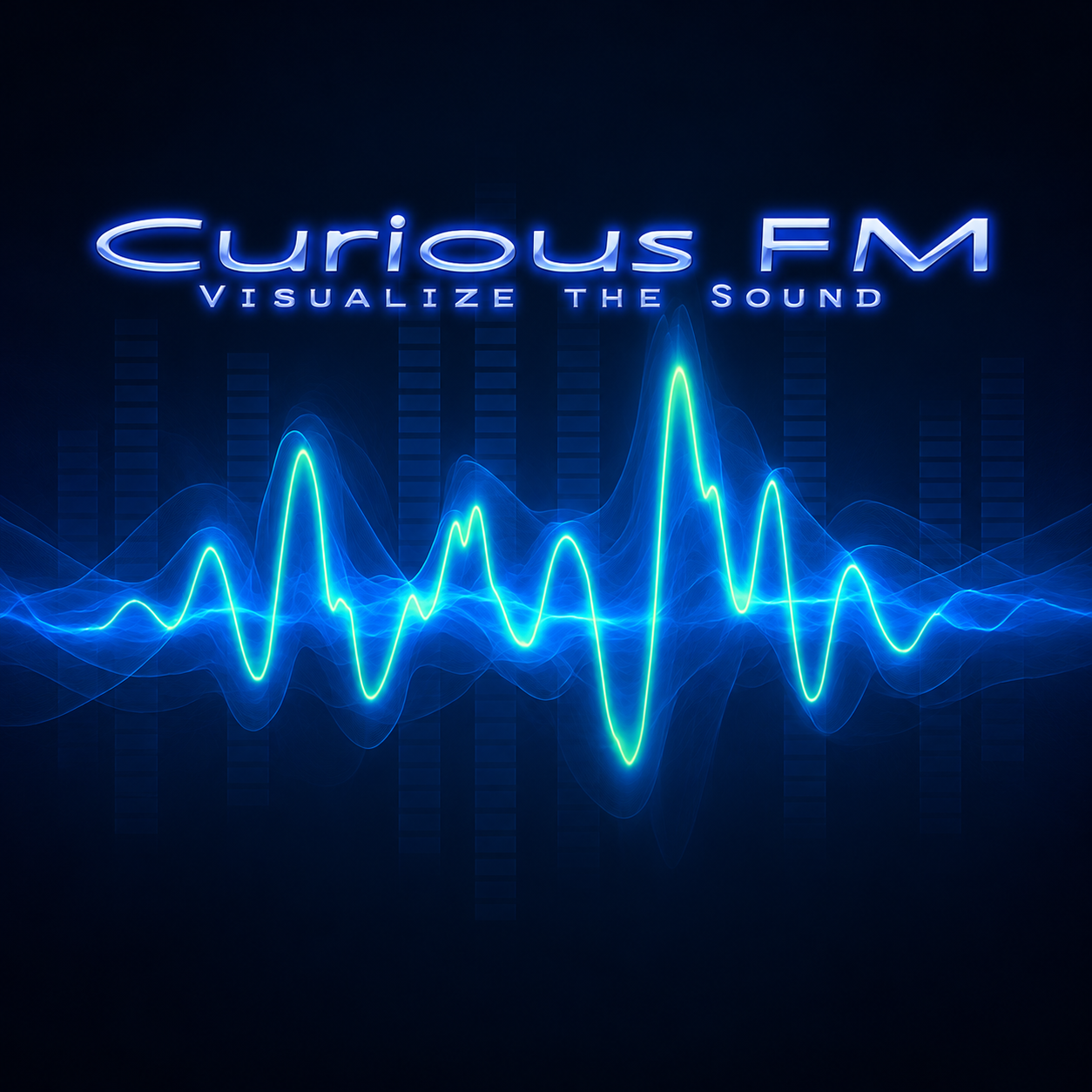 Visualize the Sound cover: luminous digital blue and cyan waveforms with polished metallic lettering